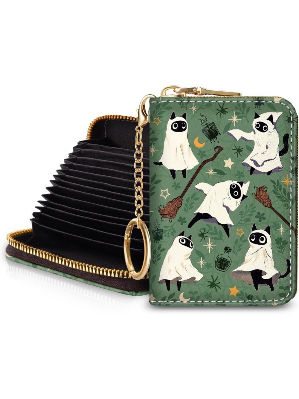Women Halloween RFID Credit Card Holder Bird Keychain Travel Zipper Wallet